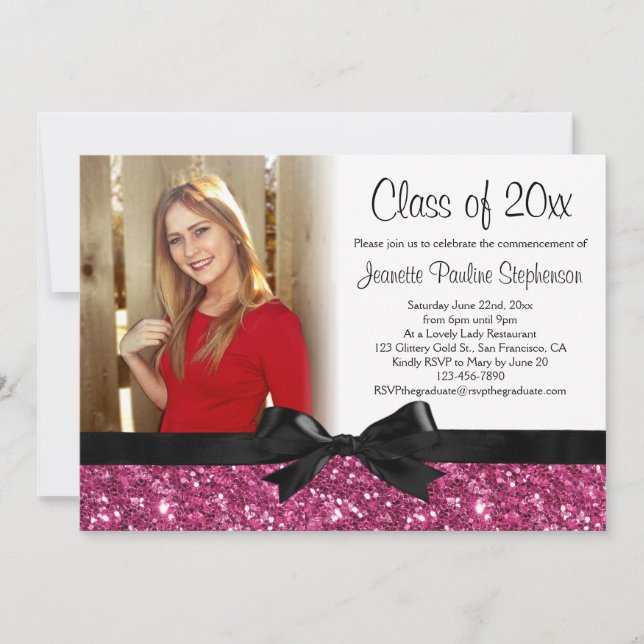 Pink Glitter Image Ribbon Bow Photo Graduation Invitation (Front)