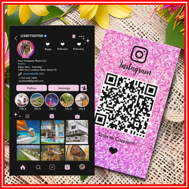 Pink Glitter Instagram  LUXURY QR Code Business Card (Creator Uploaded)