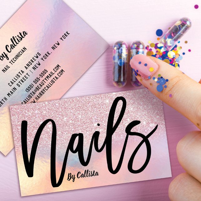 Pink Glitter Iridescent Nail Tech Business Card (Creator Uploaded)