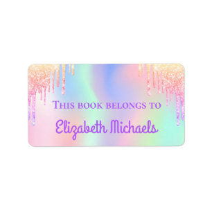 Pink glitter iridescent rainbow name bookplate label