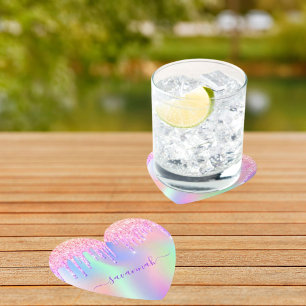 Pink glitter iridescent rose gold rainbow birthday paper coaster