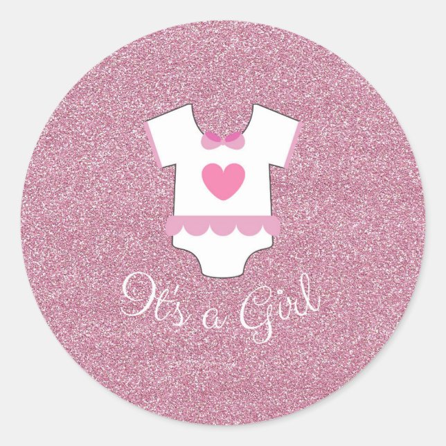 Pink Glitter It's A Girl Classic Round Sticker (Front)