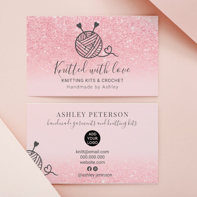 Pink glitter knitting crochet yarn handmade business card (Creator Uploaded)