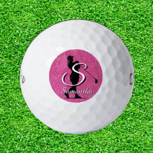 Pink Glitter Lady Golfer Monogram  Golf Balls