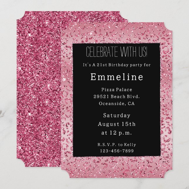 Pink Glitter Leopard Ombre Invitation (Front/Back)