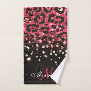 Pink Glitter Leopard Print and Diamonds Bath Towel Set