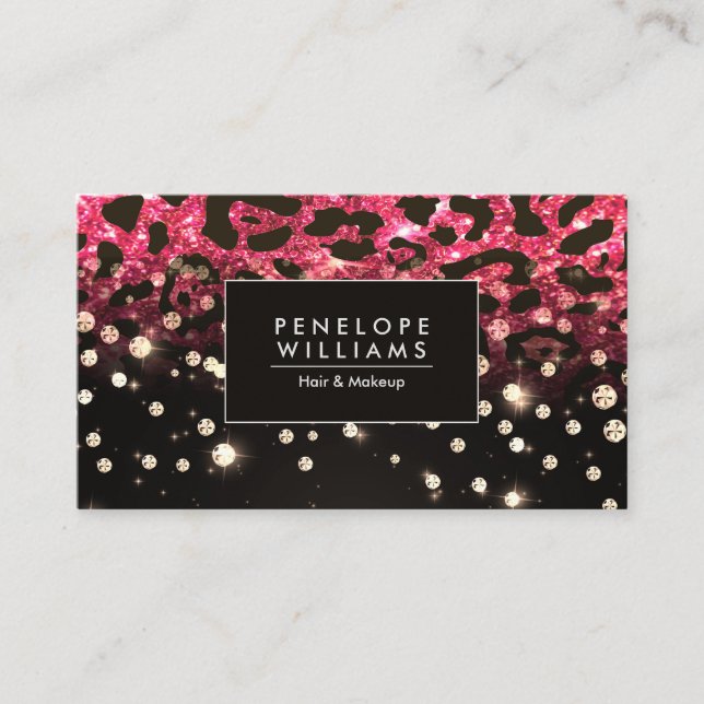 Pink Glitter Leopard Print and Diamonds Business Card (Front)