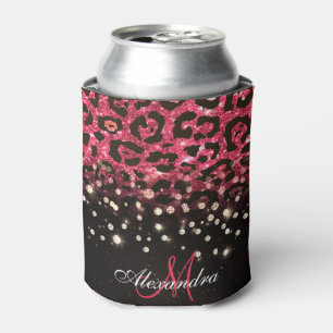 Pink Glitter Leopard Print and Diamonds Can Cooler