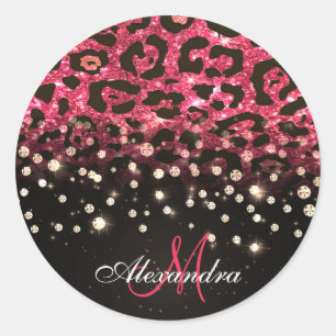 Pink Glitter Leopard Print and Diamonds Classic Round Sticker