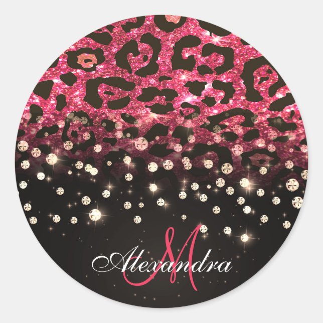 Pink Glitter Leopard Print and Diamonds Classic Round Sticker (Front)