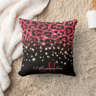 Pink Glitter Leopard Print and Diamonds Cushion