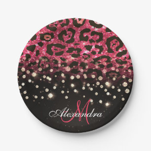 Pink Glitter Leopard Print and Diamonds Paper Plate