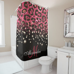 Pink Glitter Leopard Print and Diamonds Shower Curtain