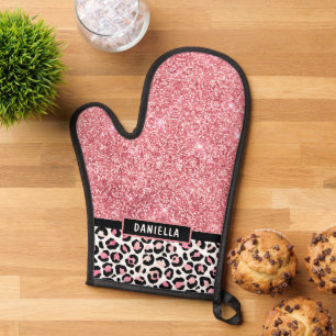 Pink Glitter Leopard Print Shimmer Personalised Oven Mitt