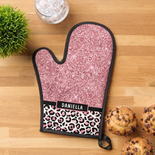 Pink Glitter Leopard Print Shimmer Personalised Oven Mitt (Top down)