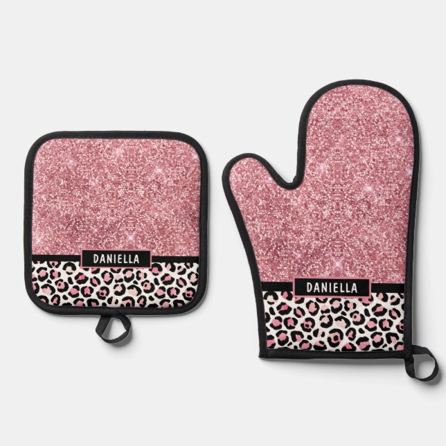 Pink Glitter Leopard Print Shimmer Personalised Oven Mitt & Pot Holder Set (Front)