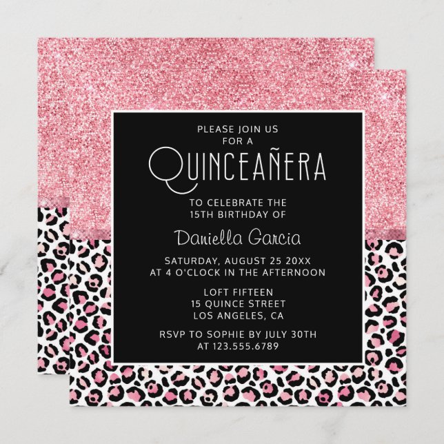 Pink Glitter Leopard Print Shimmer Quinceañera Invitation (Front/Back)