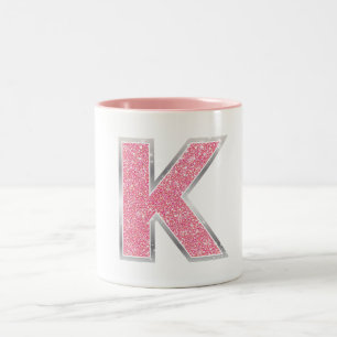 Pink Glitter letter K Two-Tone Coffee Mug