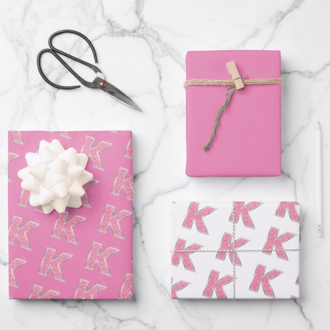 Pink Glitter letter K Wrapping Paper Sheet (Front)