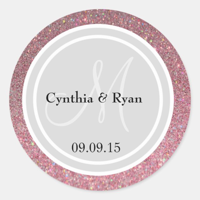 Pink Glitter & Light Silver Wedding Monogram Seal (Front)