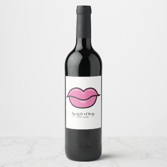 Pink Glitter Lips Kiss Makeup Beauty Party Wine Wine Label (Front)