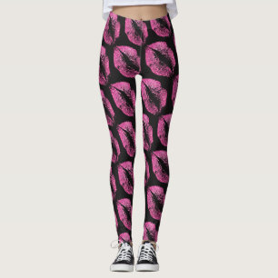 Pink Glitter Lips Modern Black Leggings