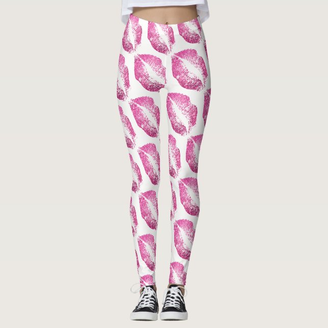 Pink Glitter Lips Modern White Leggings (Front)