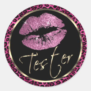 Pink Glitter Lips on Leopard Print Classic Round Sticker