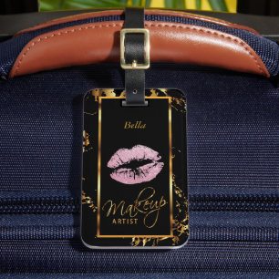 Pink Glitter Lips on Marble Gold - Makeup Artist Luggage Tag
