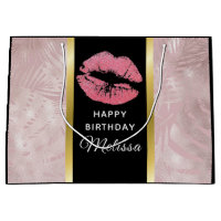 Pink Glitter Lips & Rose Gold  Leaves Birthday