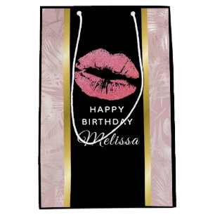 Pink Glitter Lips & Rose Gold  Leaves Birthday Medium Gift Bag