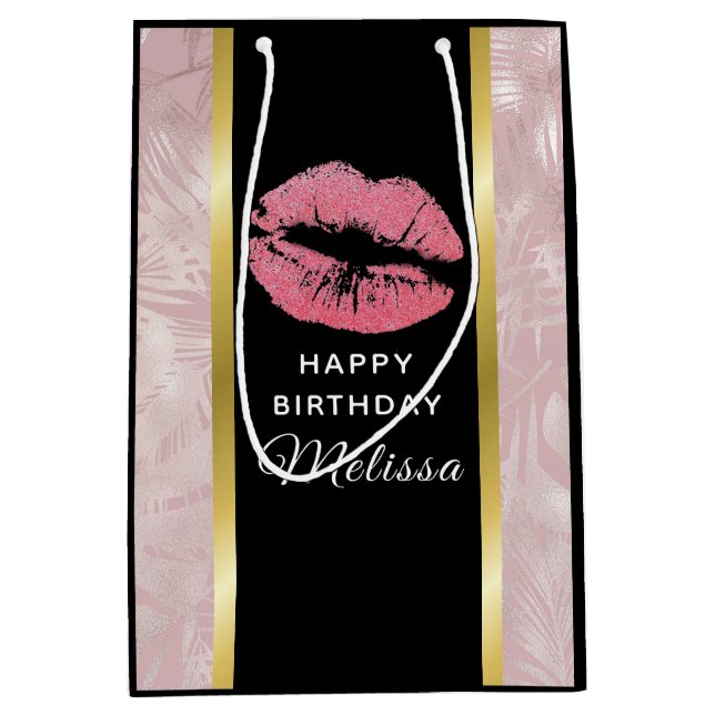Pink Glitter Lips & Rose Gold  Leaves Birthday Medium Gift Bag (Front)