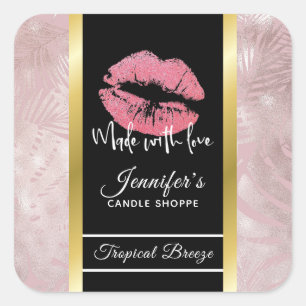 Pink Glitter Lips & Rose Gold Leaves Candle Square Sticker