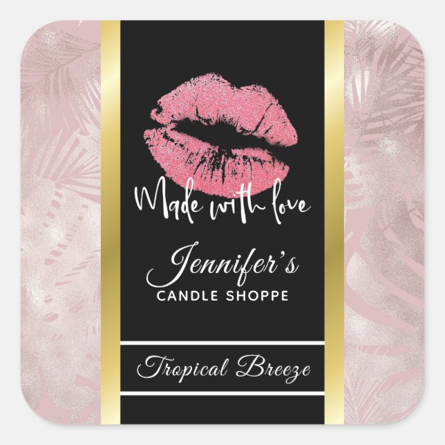 Pink Glitter Lips & Rose Gold Leaves Candle Square Sticker (Front)