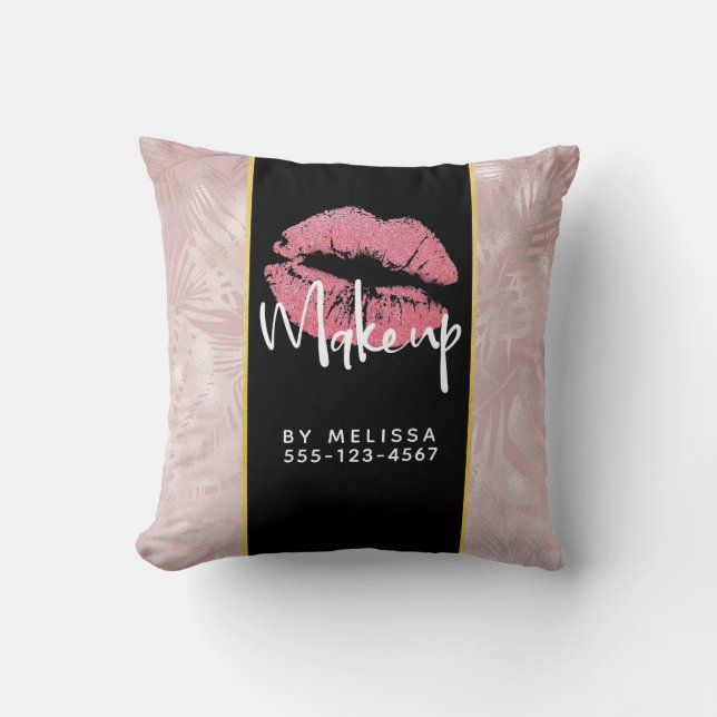 Pink Glitter Lips & Rose Gold Leaves Makeup Biz Cushion (Front)