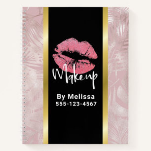 Pink Glitter Lips & Rose Gold Leaves Makeup Biz Notebook