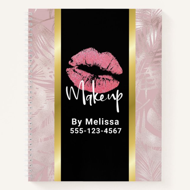 Pink Glitter Lips & Rose Gold Leaves Makeup Biz Notebook (Front)