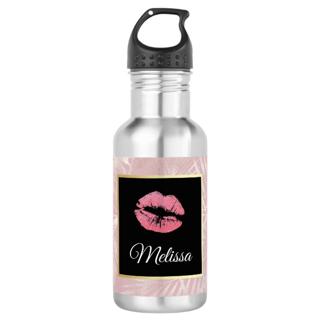 Pink Glitter Lips & Rose Gold Tropical Leaves 532 Ml Water Bottle (Front)