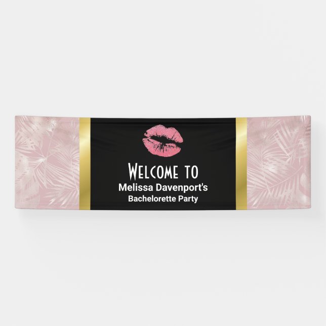 Pink Glitter Lips & Rose Gold Tropical Leaves Banner (Horizontal)