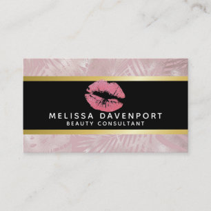 Pink Glitter Lips & Rose Gold Tropical Leaves Business Card