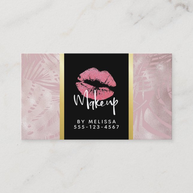 Pink Glitter Lips & Rose Gold Tropical Leaves Business Card (Front)