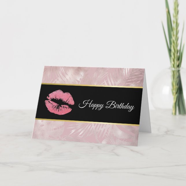 Pink Glitter Lips & Rose Gold Tropical Leaves Card (Front)