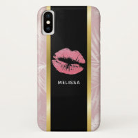 Pink Glitter Lips & Rose Gold Tropical Leaves