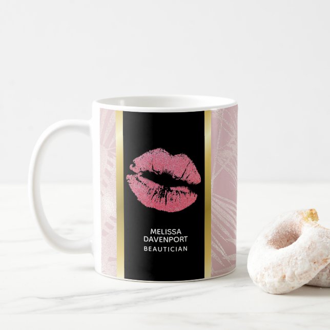 Pink Glitter Lips & Rose Gold Tropical Leaves Coffee Mug (With Donut)