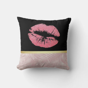 Pink Glitter Lips & Rose Gold Tropical Leaves Cushion