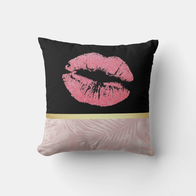 Pink Glitter Lips & Rose Gold Tropical Leaves Cushion (Front)