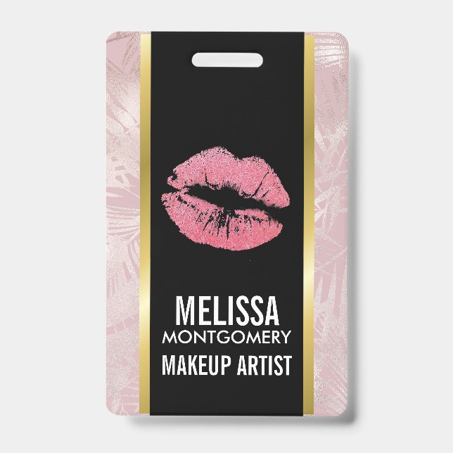 Pink Glitter Lips & Rose Gold Tropical Leaves ID Badge (Front)