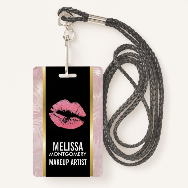 Pink Glitter Lips & Rose Gold Tropical Leaves ID Badge (Front with Lanyard)