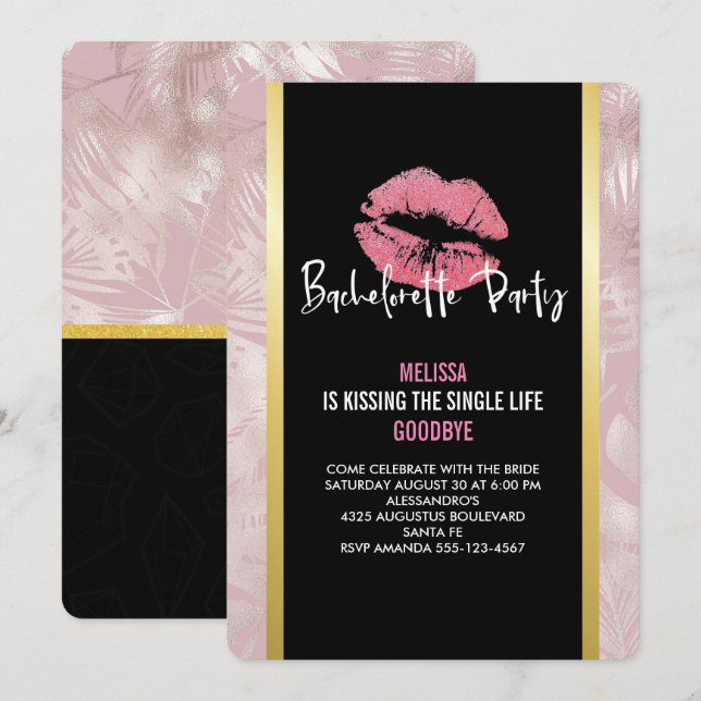 Pink Glitter Lips & Rose Gold Tropical Leaves Invitation (Front/Back)