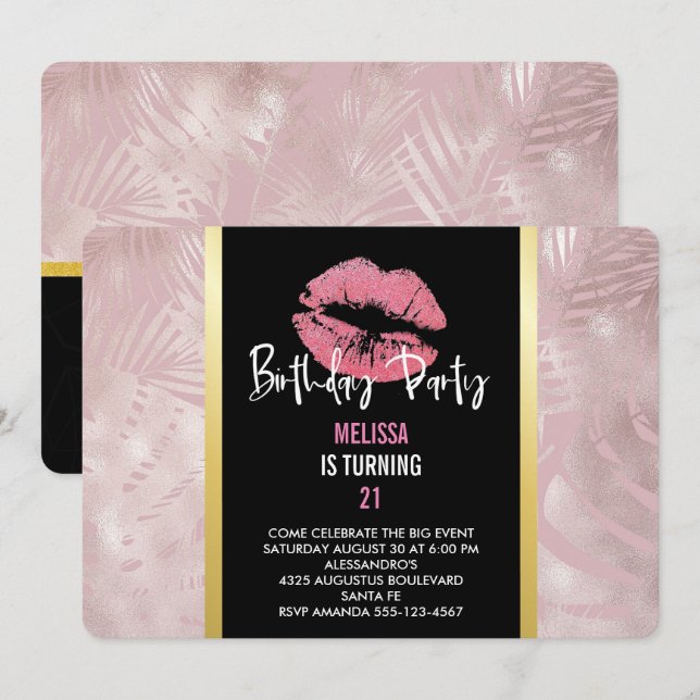 Pink Glitter Lips & Rose Gold Tropical Leaves Invitation (Front/Back)